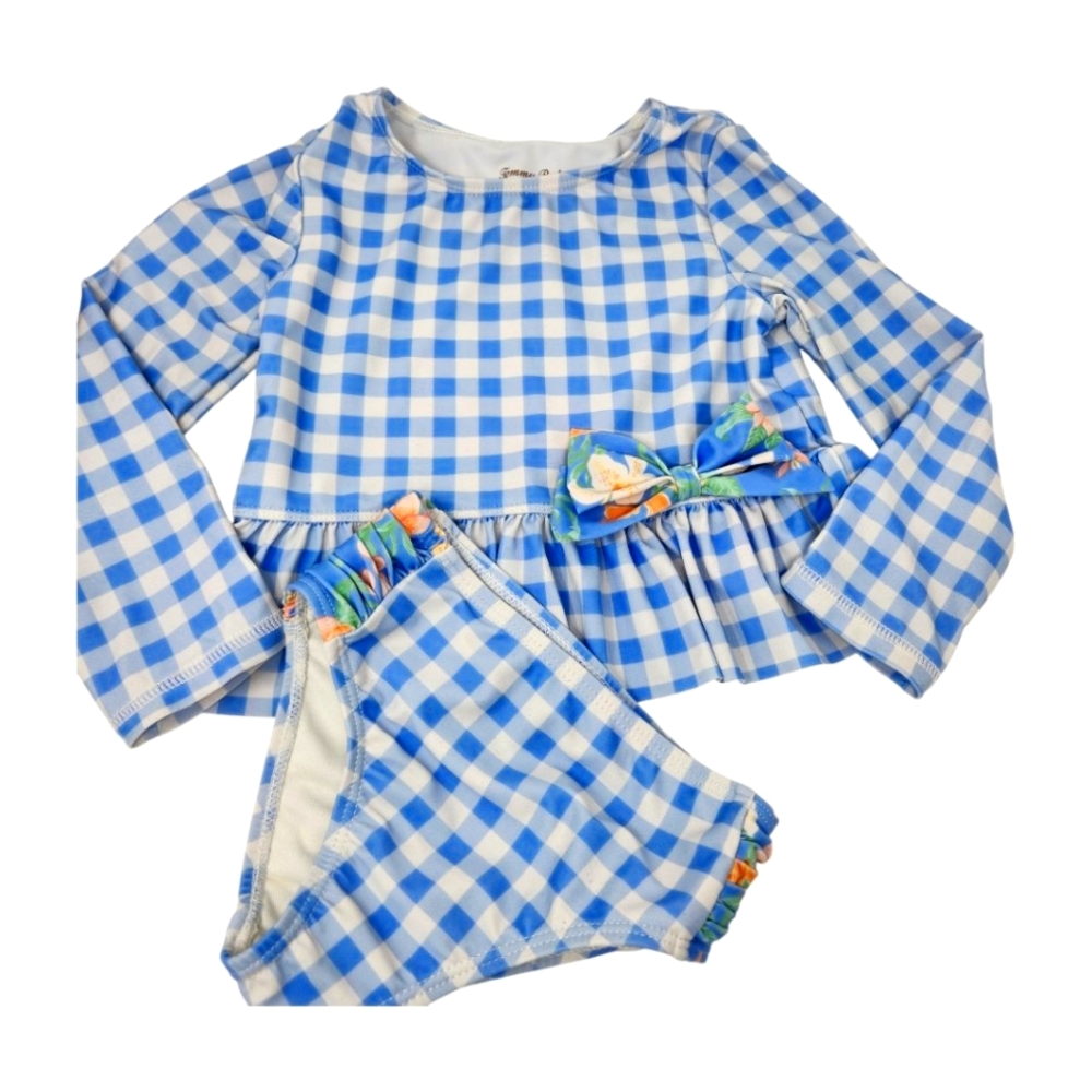 Tommy Bahama Swim Set Rash Guard Shirt 2T Blue Check Bow Long Sleeves